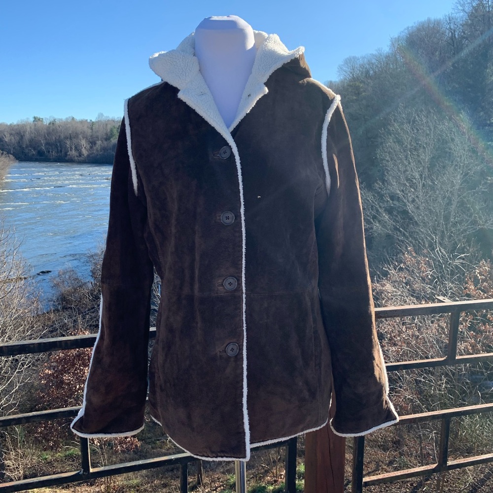 Westbound genuine leather coat Medium w/ hood shearling teddy 3 button Jacket M